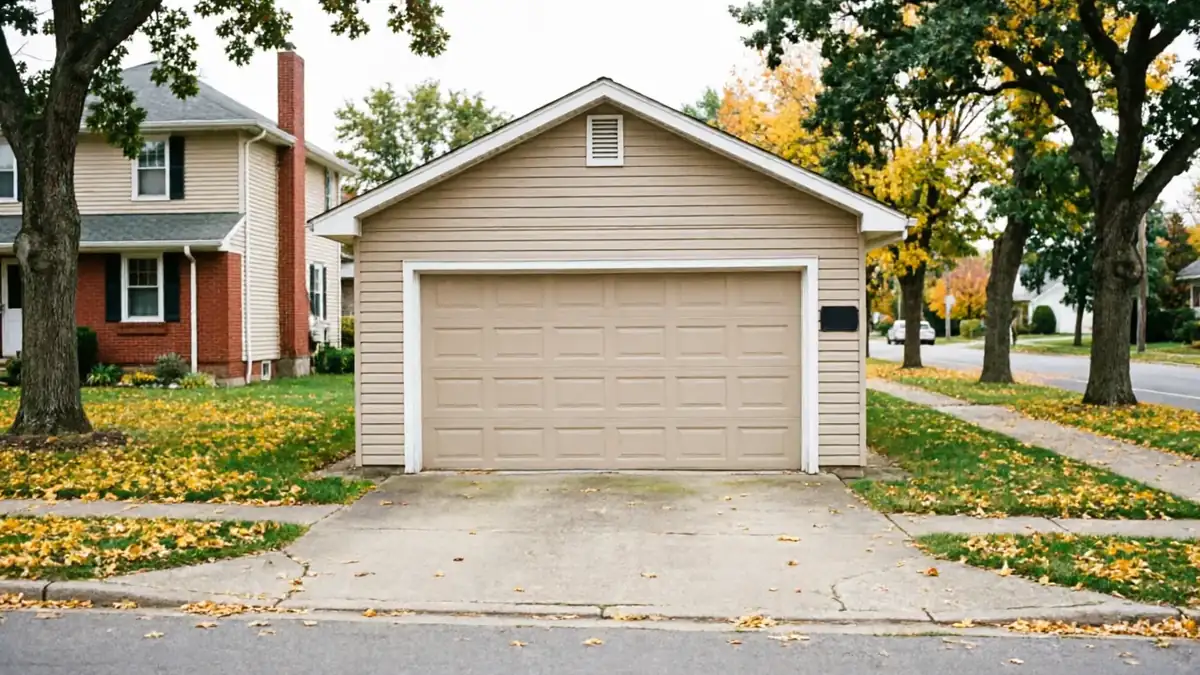 A detached beige garage with a closed tan garage door sits in a suburban neighborhood.