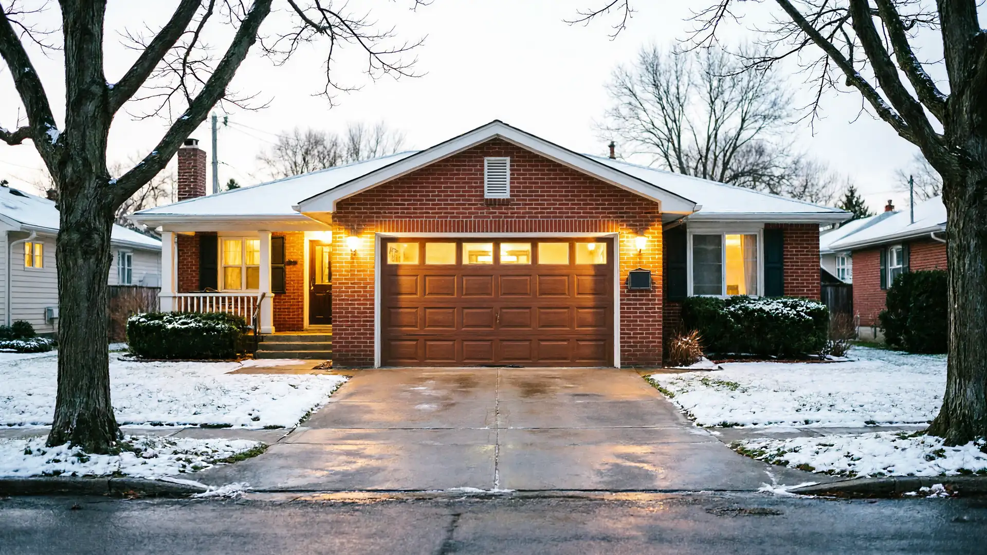A brick house with a brown garage door and snow on the lawn.