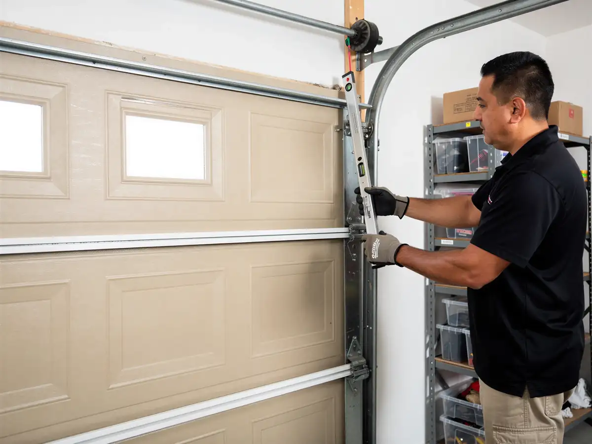 A technician uses a level on a tan garage door.