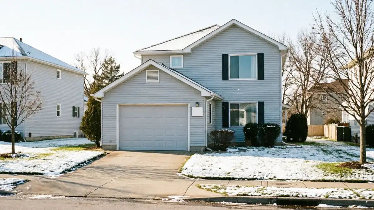 A light blue house with a gray garage door and snow on the ground.