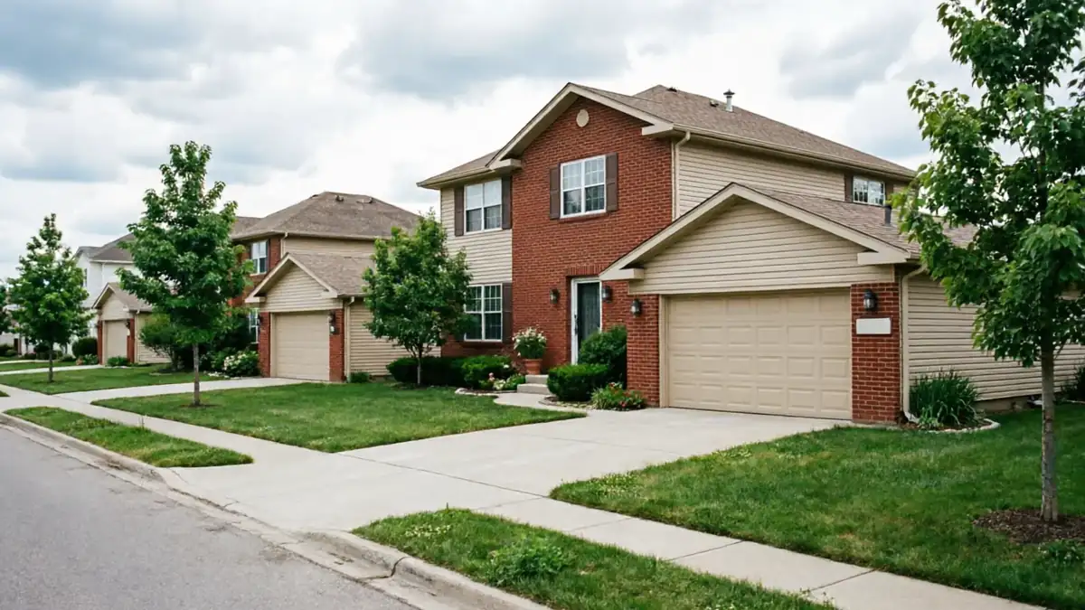 A row of suburban houses with beige garage doors and green lawns.