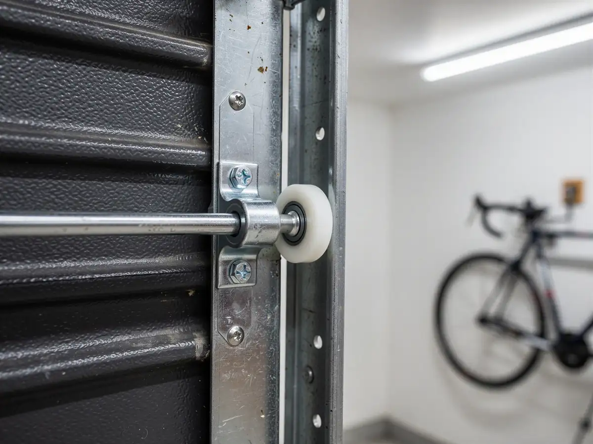 A garage door roller is visible on a metal track, with a bicycle in the background.