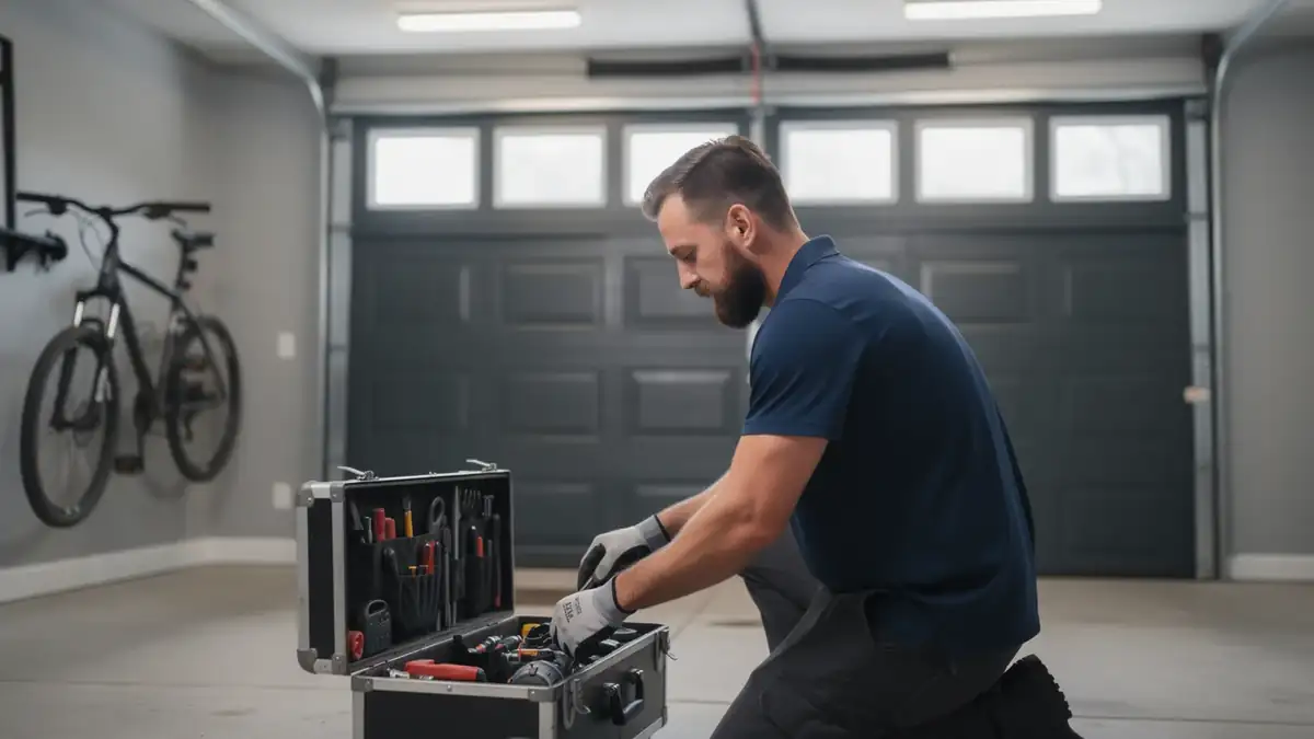 A technician kneels in a garage, looking into an open toolbox.