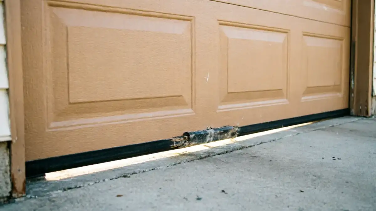 The bottom of a tan garage door has a broken seal and a damaged roller.