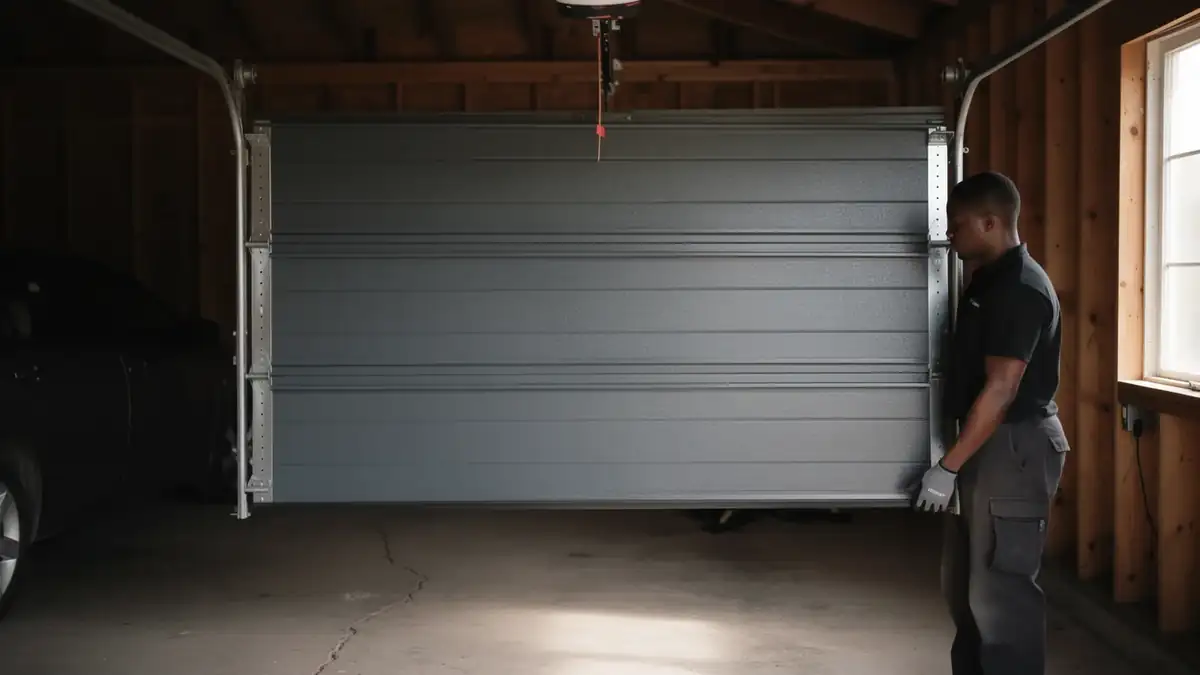 A technician in a black shirt and gray pants is installing a gray garage door.