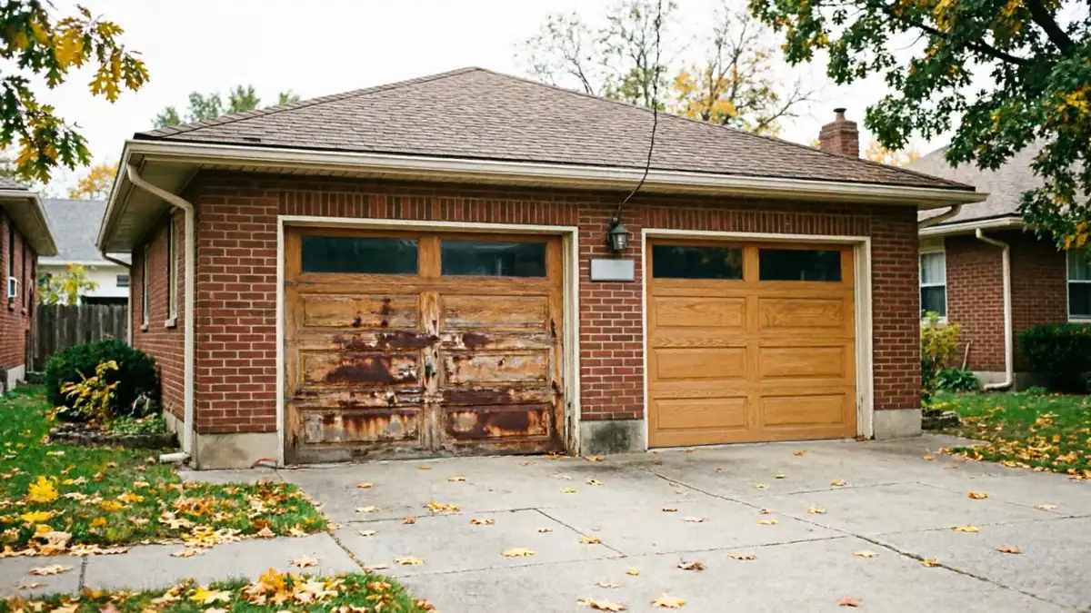 A brick garage has one old, rusty wooden door and one new wooden door.