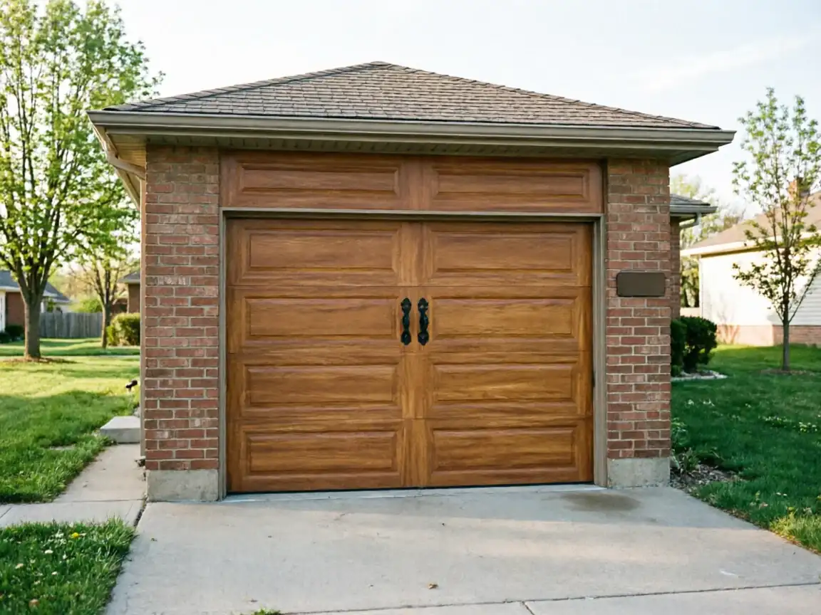 A single brown garage door with decorative black handles on a brick garage.